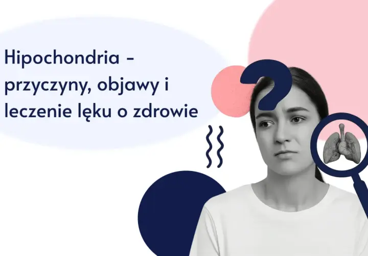 Zmartwiona kobieta z lupą badającą płuca. Tekst: Hipochondria - przyczyny, objawy i leczenie lęku o zdrowie.