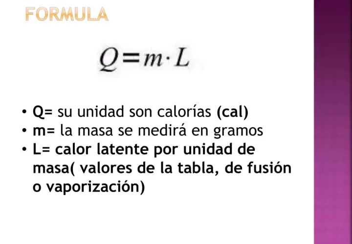 La fórmula Q=m·L explica que L es el calor latente por unidad de masa, esencial para entender cambios de estado como fusión o vaporización.