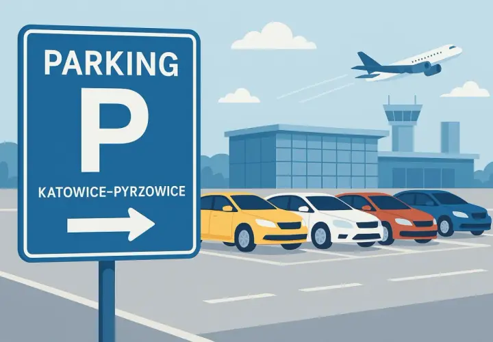 Parking na lotnisku Katowice-Pyrzowice. Samolot startuje nad budynkiem terminala, a przed nim rząd samochodów.