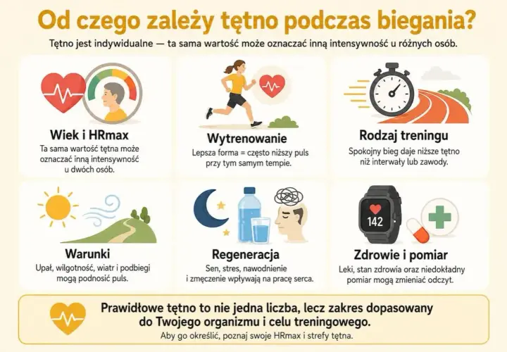 Czynniki wpływające na tempo biegu: wiek, wytrenowanie, rodzaj treningu, warunki, regeneracja, zdrowie. Tętno jest indywidualne.