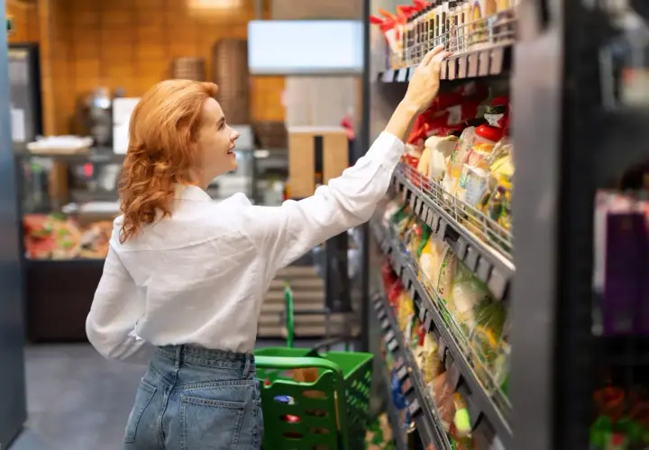 Kobieta w białej koszuli wybiera produkty FMCG, czyli szybko zbywalne towary, w supermarkecie.
