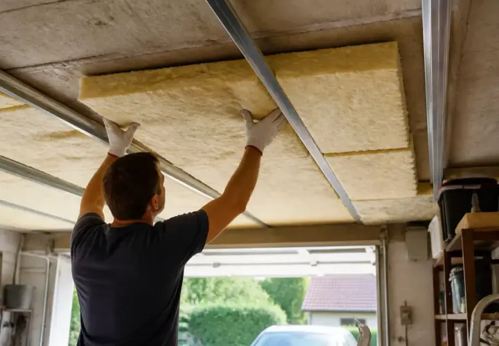 Un homme installe des panneaux isolants sur le plafond de son garage pour une meilleure isolation.