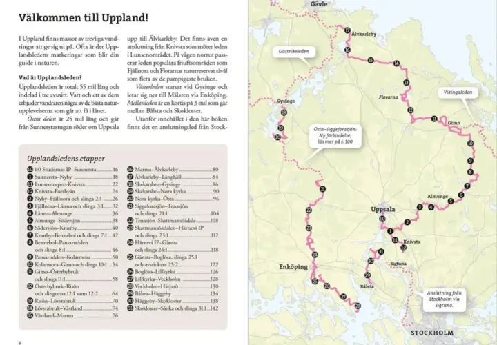 En karta över Upplandsleden med numrerade etapper och platser som Uppsala, Enköping och Stockholm.