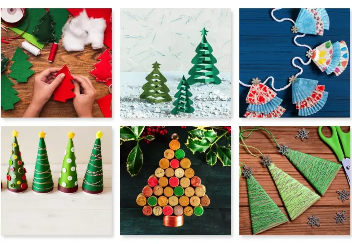 Manualidades de **árbol de Navidad con cajas** de cartón, fieltro y corchos. Decoraciones festivas para hacer en casa.