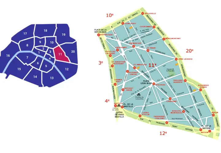 Mapa Paryża z zaznaczonym 11. dzielnicą. Czy 11 dzielnica Paryża jest bezpieczna? Mapa pokazuje jej położenie i nazwy ulic.