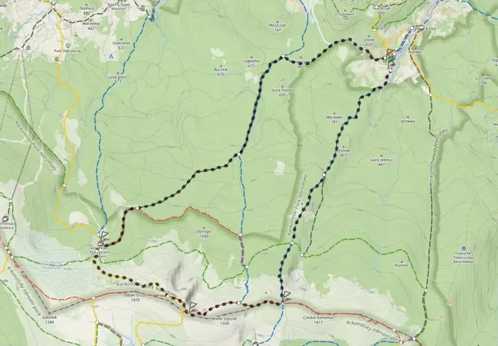 Mapa Karkonoszy z zaznaczonymi szlakami. Widoczne schronisko "Poo-Zabskim tem" oraz szczyty takie jak Łysa Góra i Wielki Szyszak.