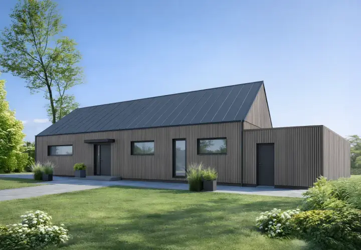 Nowoczesne domy 140 m2 z drewnianą elewacją i ciemnym dachem, otoczone zielenią.