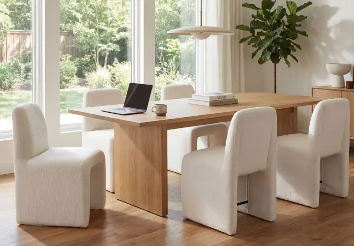 Modern dining room with a light wood table and plush cream chairs. A laptop and mug sit on the table, offering inspiration for how to choose dining chairs that blend comfort and style.