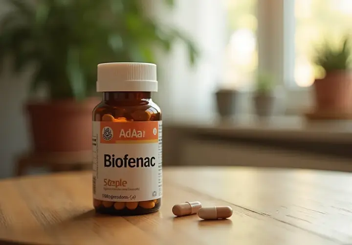 Butelka leku Biofenac i dwie kapsułki na drewnianym stole. Biofenac na co? Na ból i stany zapalne.