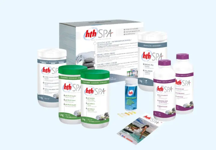 Produits hth SPA pour comment mettre les produits dans un spa : désinfectants, équilibreurs de pH, activateurs de brome, anti-écume et bandelettes de test.