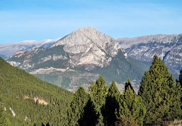 Majestuosa Serra d'Ensija bajo un cielo azul. Bosques de pinos cubren las laderas, con picos rocosos y nevados al fondo.