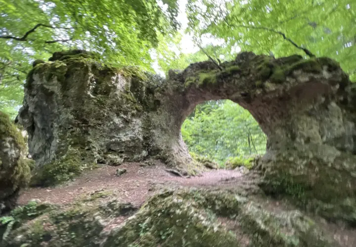 Arco natural cubierto de musgo en la sierra de Entzia, rodeado de árboles frondosos.