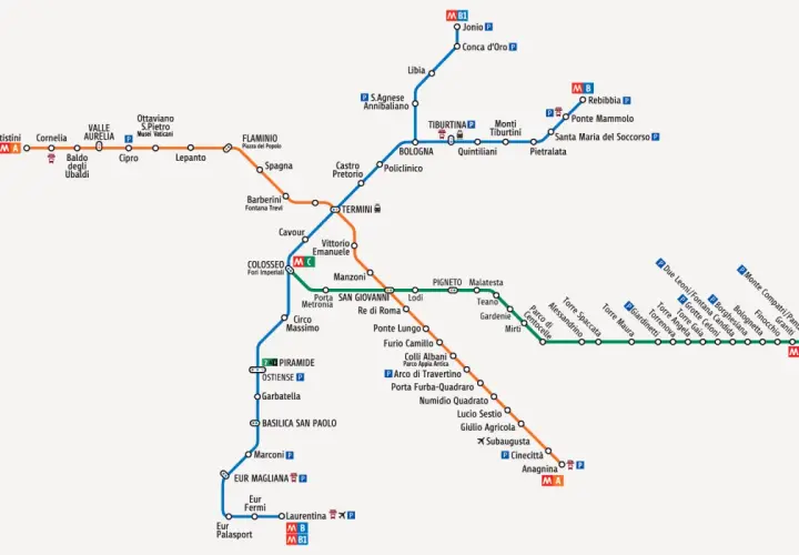 Mappa della metro di Roma: da Termini a San Paolo, con le linee A, B e B1 che collegano i punti nevralgici della città.