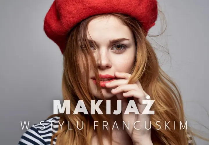 Kobieta w czerwonym beracie i paski na ramionach, zmysłowy makijaż francuski podkreślający usta i oczy.
