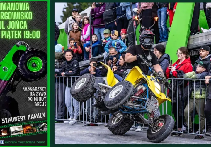 Kaskader na quadzie wykonuje ekstremalny pokaz, niczym the ultimate stuntman, dla zgromadzonej publiczności.