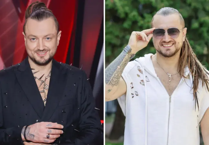Alek Baron, znany z nietuzinkowego stylu, w czarnej marynarce z ćwiekami i w białej bluzie z kapturem. Jego wiek dodaje mu charyzmy.