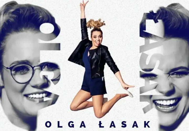 Olga Łasak w skoku, z językiem na wierzchu. Obok jej twarz w stylu retro. To inspiracja dla dzieci.