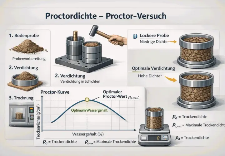 Der Proctor-Versuch zeigt, wie sich die Verdichtung von proctor boden mit dem Wassergehalt ändert. Eine lockere Probe hat niedrige Dichte, optimale Verdichtung hohe Dichte.
