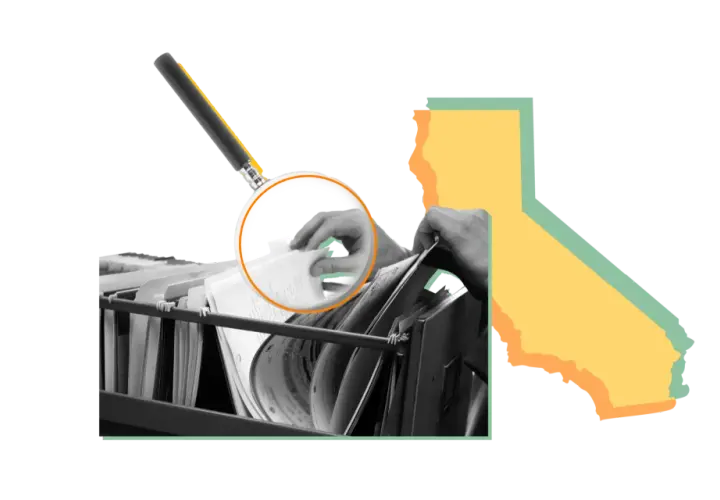 A hand sifts through files under a magnifying glass, symbolizing the open and transparent meaning of California's government.