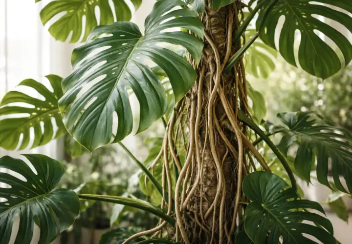 Monstera w naturze, z jej charakterystycznymi, dziurawymi liśćmi, oplata pień drzewa licznymi korzeniami powietrznymi.