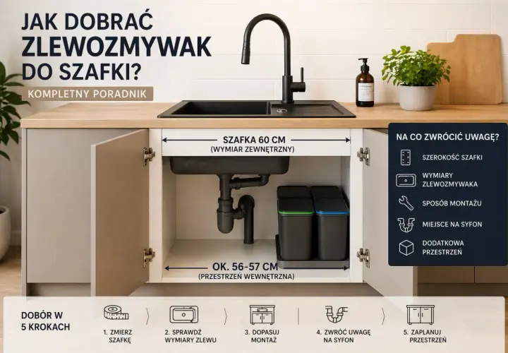 Poradnik: jak dobrać wymiary zlewozmywaka do szafki kuchennej 60 cm. Wnętrze szafki ma ok. 56-57 cm.