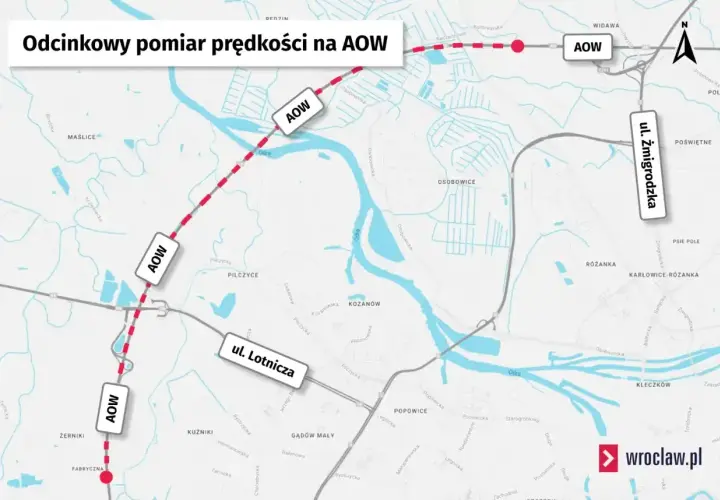 Mapa pokazuje odcinek AOW z zaznaczonym odcinkowym pomiarem prędkości. Widoczne są nazwy ulic: Lotnicza i Żmigrodzka.
