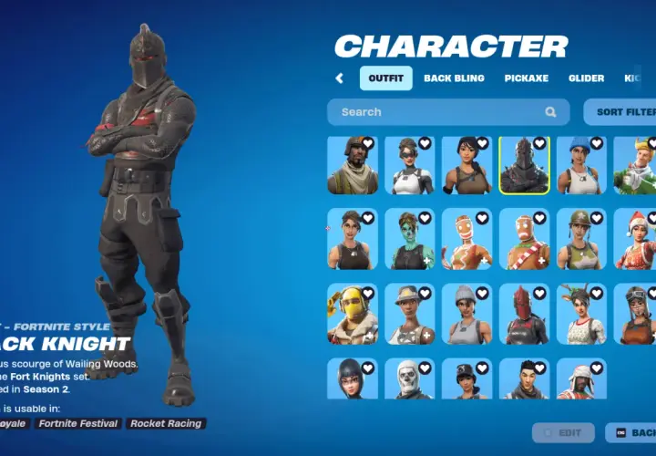 Czarna Wdowa Fortnite, czyli Czarny Rycerz, w pełnej zbroi. Wybierz go z menu postaci.