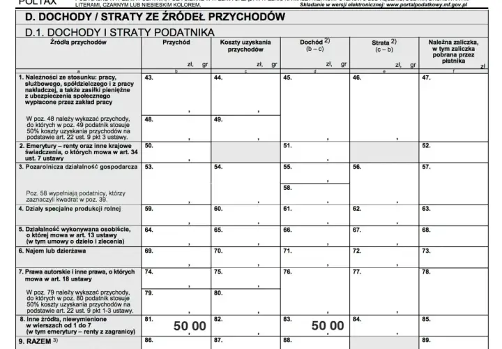 Formularz PIT-8C: jak rozliczyć dochody i straty ze źródeł przychodów. Wpisz kwoty przychodów, kosztów, dochodu i straty.