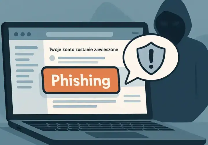 Sylwetka hakera w kapturze stoi za laptopem, na którego ekranie widnieje ostrzeżenie o **phishing** i zawieszeniu konta.