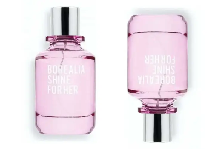 Dos frascos de perfume rosa "Borealia Shine For Her" de Mercadona, con tapas plateadas.