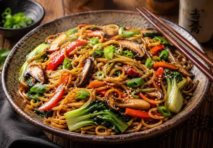 Pyszny makaron chiński z warzywami: grzybami shiitake, papryką, marchewką i pak choi, posypany szczypiorkiem i sezamem.