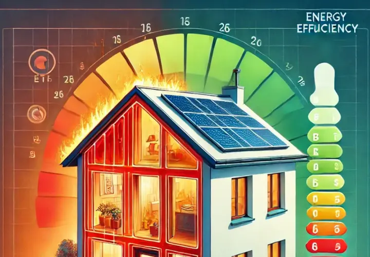 Dom z panelami słonecznymi i skalą efektywności energetycznej. Wysokie ceny energii motywują do inwestycji w zielone rozwiązania.