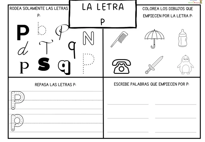 Hoja de actividades para niños con la letra P: rodea letras, colorea dibujos que empiezan por P, repasa la P y escribe palabras.