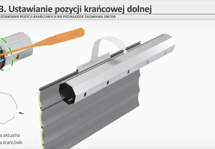 Ilustracja pokazuje mechanizm regulacji krańcowej rolety. Dowiedz się, jak naciągnąć sprężynę w rolecie, by ustawić pozycję krańcową.