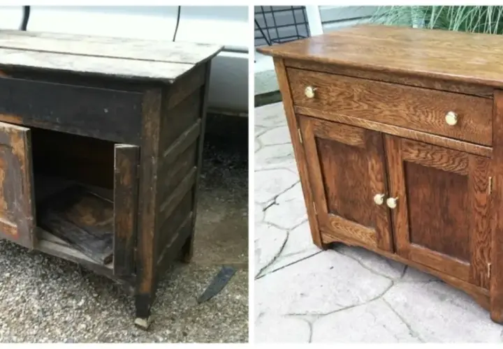 Credenza fai da te: prima e dopo. Un mobile in legno grezzo trasformato in un pezzo d'arredo elegante con finitura lucida e pomelli dorati.