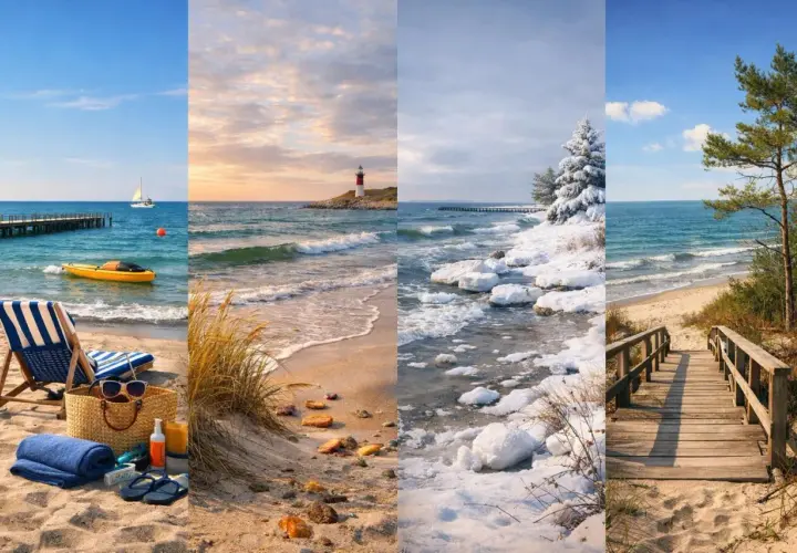 Cztery pory roku na wybrzeżu Polski: lato z leżakiem i kajakiem, jesień z latarnią morską, zima ze śniegiem i lodem, wiosna z drewnianymi schodkami na plażę.