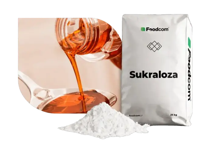 Płynna i proszkowa sukraloza obok worka z napisem "Sukraloza". Czy sukraloza jest zdrowa?