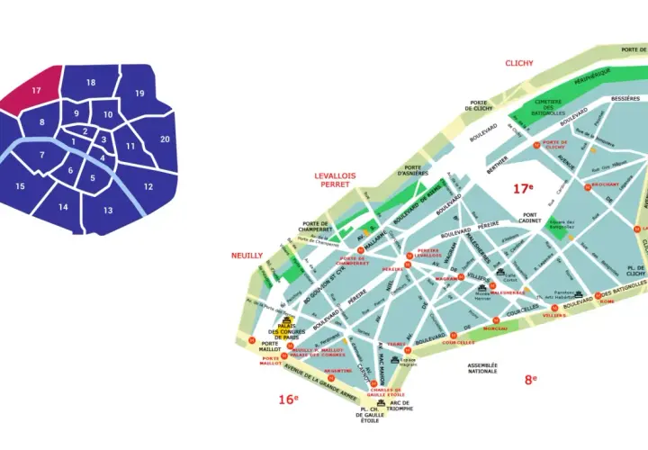 Mapa Paryża z zaznaczoną 17. dzielnicą. Czy 17. dzielnica Paryża jest bezpieczna? Mapa pokazuje jej położenie i główne ulice.