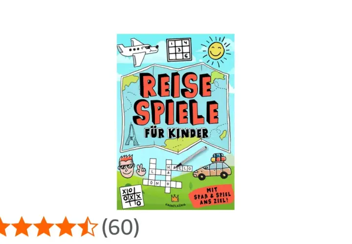 Buntes Cover mit "Reisespiele für Kinder", Flugzeug, Auto, Rätseln und Sonne. Perfekt für unterwegs!