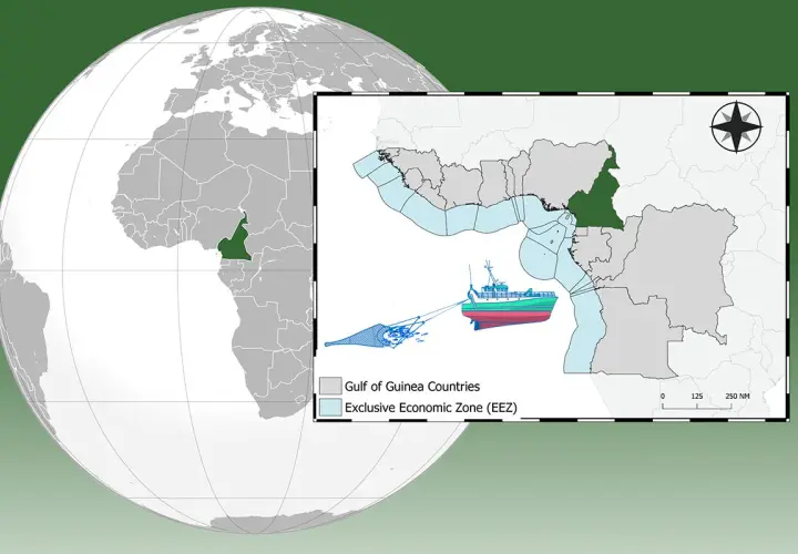 Mapa pokazuje, gdzie jest Kamerun, zaznaczony na zielono na tle Afryki i Zatoki Gwinejskiej, z widocznym statkiem rybackim i jego siecią.