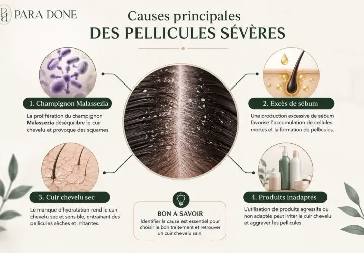 Causes des pellicules sévères : champignon Malassezia, excès de sébum, cuir chevelu sec, produits inadaptés. Identifier la cause est essentiel pour savoir pourquoi j'ai des pellicules.