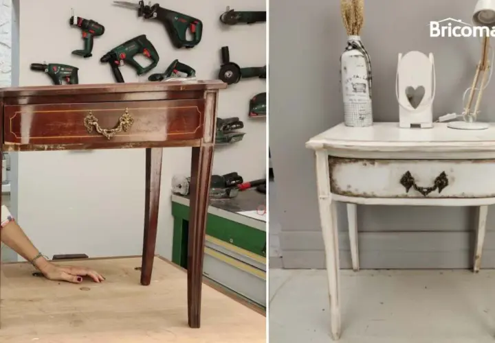 Mesa antigua antes y después de barnizar muebles antiguos. El mueble pasa de madera oscura a blanco desgastado.