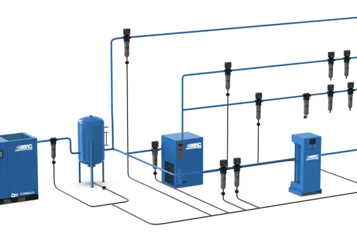 Sistema de aire comprimido ABAC con compresor, secador, depósito y filtros. Soluciones eficientes para tu industria.