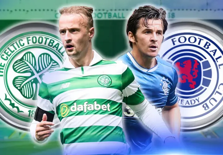 Dwóch piłkarzy, jeden w zielono-białej koszulce z herbem The Celtic Football Club, drugi w niebieskiej z herbem Rangers FC. Oba kluby piłkarskie z Glasgow.