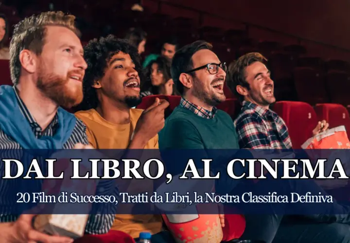 Amici al cinema ridono guardando film che hanno fatto la storia del cinema, tratti da libri.