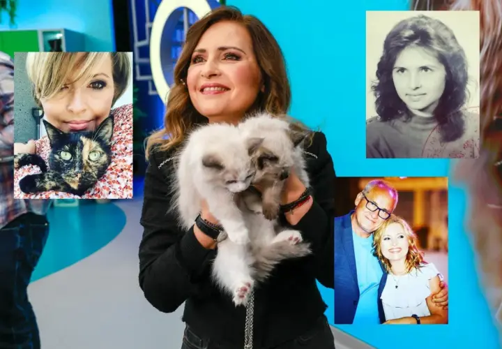 Agnieszka Gozdyra z mężem i dziećmi, w tym z kotami. Na zdjęciu jej mąż, ona sama w różnym wieku, oraz koty.