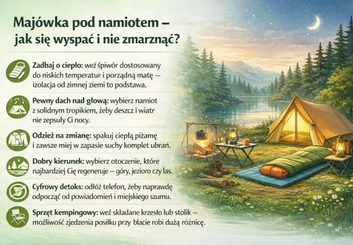 Nocleg pod namiotem: ciepły śpiwór, pewny dach, suche ubrania i cyfrowy detoks to klucz do udanej majówki. Unikaj błędów, by nie zmarznąć!