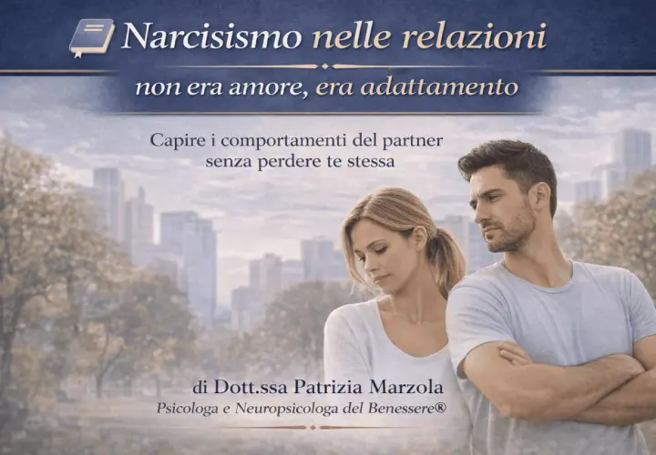 Coppia con espressioni tese, suggerisce una **relazione con un narcisista**. Titolo: "Narcisismo nelle relazioni: non era amore, era adattamento".