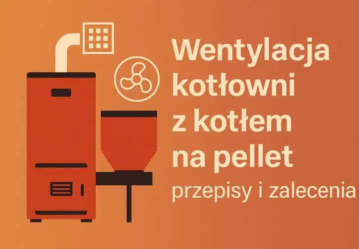 Grafika przedstawia kocioł na pellet i wentylator, symbolizujące wentylację kotłowni na pellet.