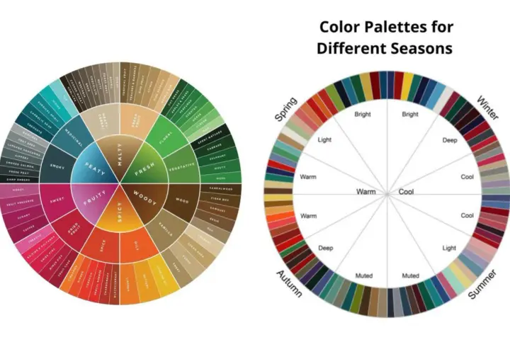 Farbkreis zeigt Aromen wie "Fruity" und "Smoky". Daneben saisonale Farbpaletten, die die Farbenlehre beim Mischen von Farben illustrieren.